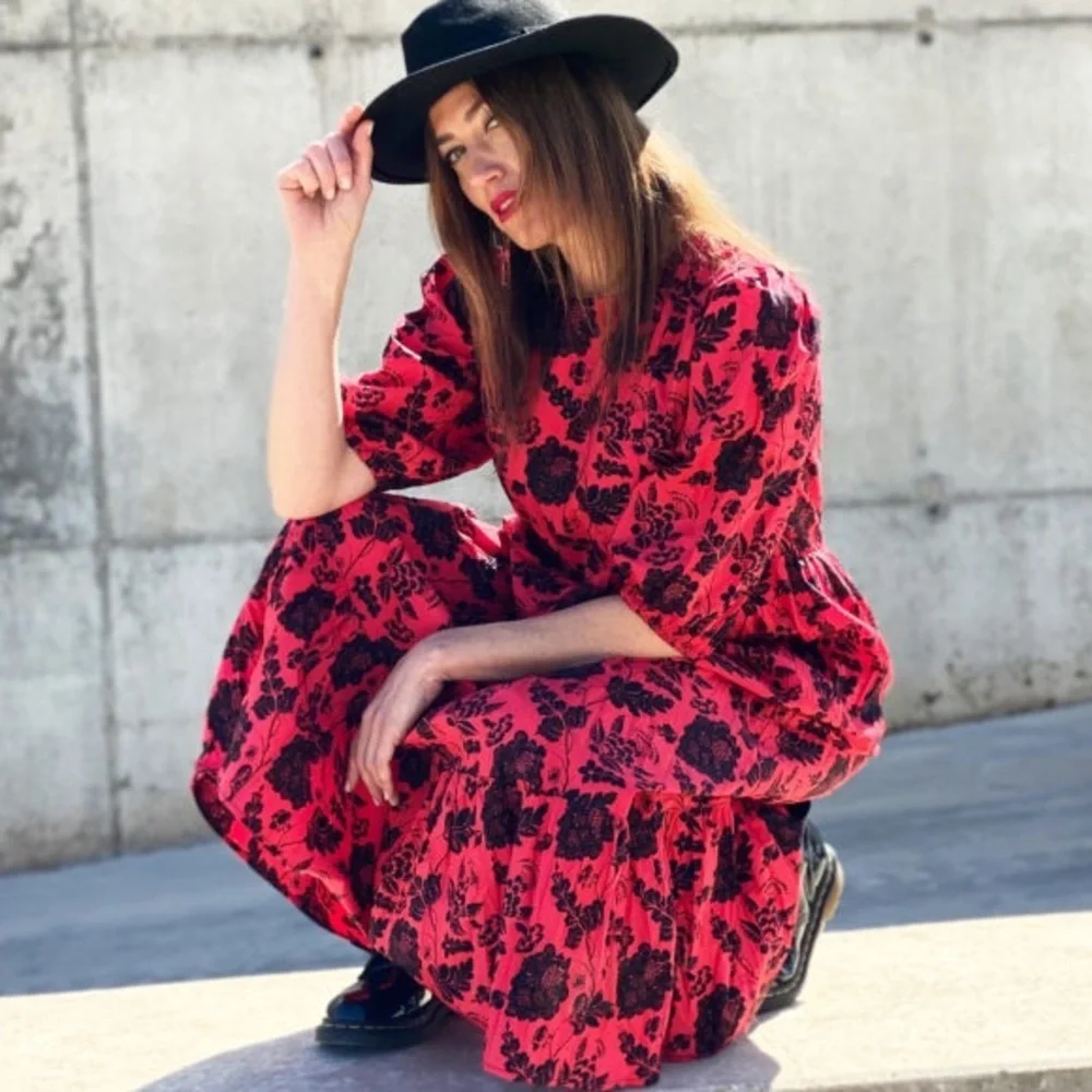 Zara Blogger Maxi Dress Red Floral Embroidered Beaded Sequins Balloon Sleeve NEW - Picture 6 of 12
